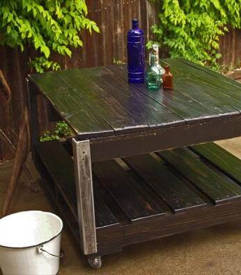 upcycle pallet and angled steel coffee table with wheels