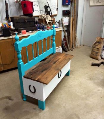 repurposed pallet and old headboard bench